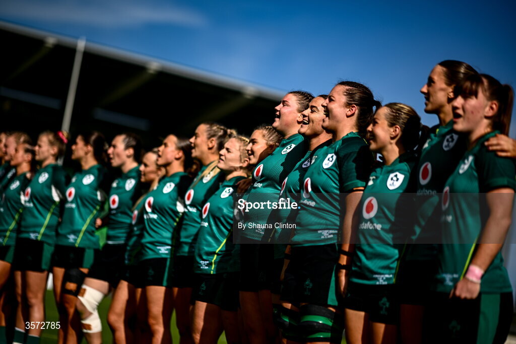 20 September 2026; Ireland players stand for the playing of the national anthems before the WXV Global Series match between Ireland and USA at Tallaght Stadium in Dublin. Photo by Shauna Clinton/Sportsfile