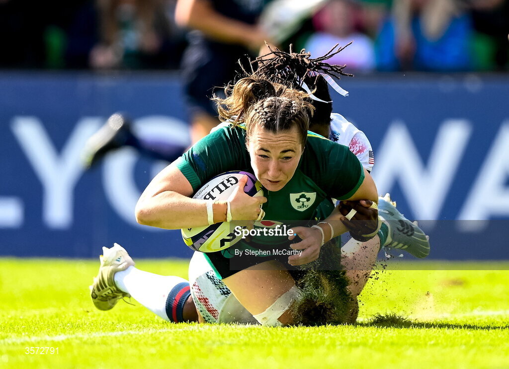 20 September 2026; Eve Higgins of Ireland goes over to score her side's fourth try despite the tackle of Erica Coulibaly of USA during the WXV Global Series match between Ireland and USA at Tallaght Stadium in Dublin. Photo by Stephen McCarthy/Sportsfile