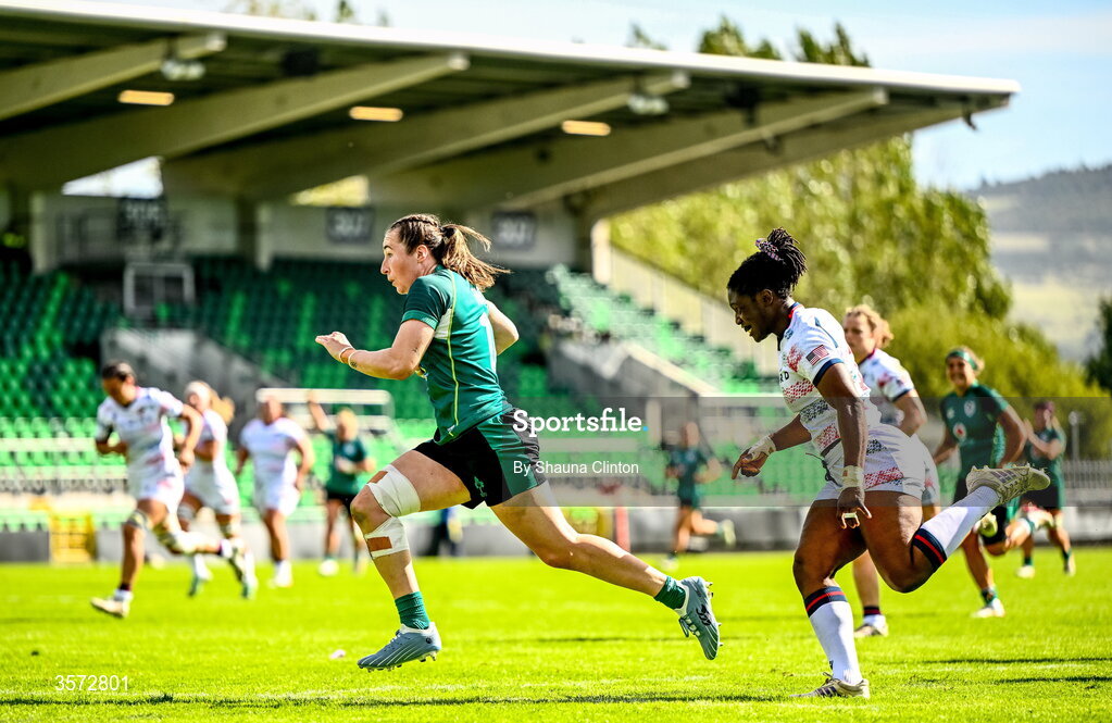 20 September 2026; Eve Higgins of Ireland scores her side's fourth try despite the efforts of Erica Coulibaly of USA during the WXV Global Series match between Ireland and USA at Tallaght Stadium in Dublin. Photo by Shauna Clinton/Sportsfile