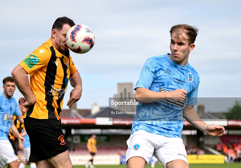 20 September 2026; Fionn Kelly of St Mary's AFC in action against George Keating of Cobh Wanderers during the 2026 FAI Intermediate Cup Final between Cobh Wanderers and St Mary's at Munster FA Turners Cross Stadium in Cork. Photo by Eakin Howard/Sportsfile