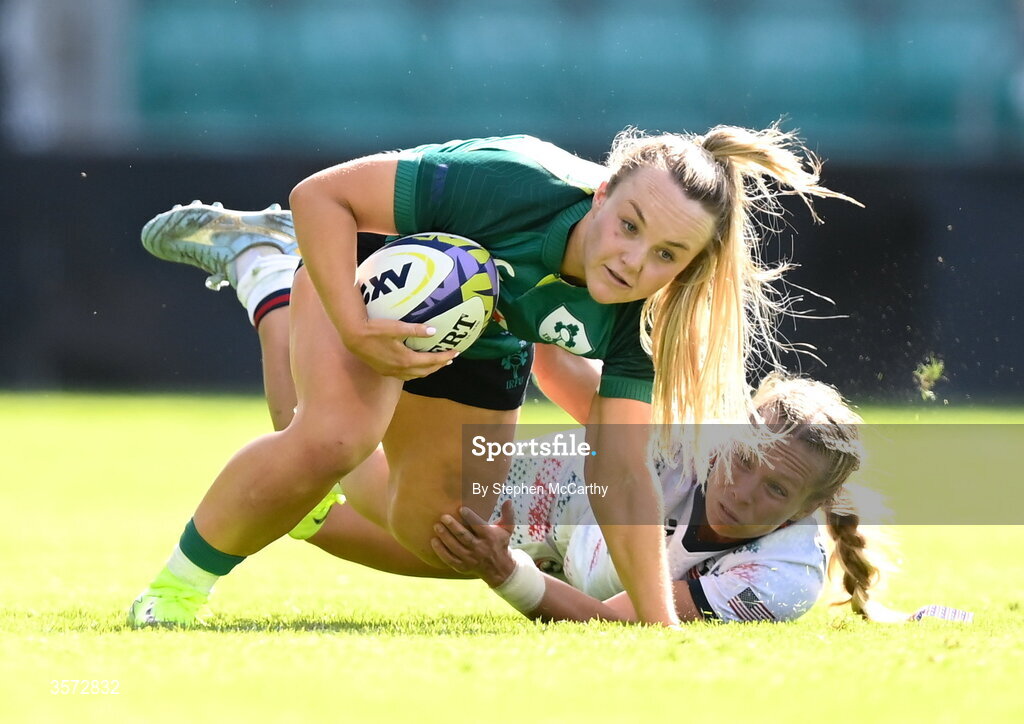 20 September 2026; Aoife Dalton of Ireland is tackled by Tessa Hann of USA during the WXV Global Series match between Ireland and USA at Tallaght Stadium in Dublin. Photo by Stephen McCarthy/Sportsfile