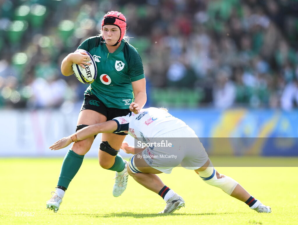 20 September 2026; Dorothy Wall of Ireland is tackled by Hallie Taufoou of USA during the WXV Global Series match between Ireland and USA at Tallaght Stadium in Dublin. Photo by Stephen McCarthy/Sportsfile