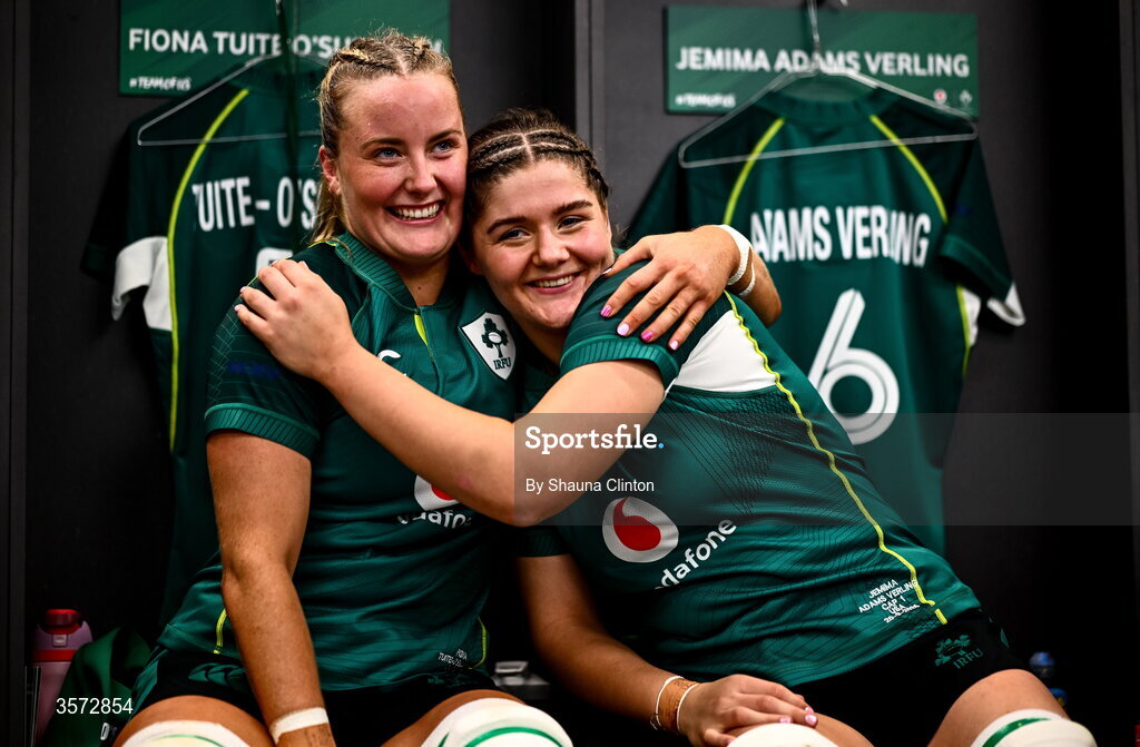 20 September 2026; Fiona Tuite-O'Sullivan, left, and Jemima Adams Verling of Ireland in the dressing-room in the final moments before the kick-off of the WXV Global Series match between Ireland and USA at Tallaght Stadium in Dublin. Photo by Shauna Clinton/Sportsfile
