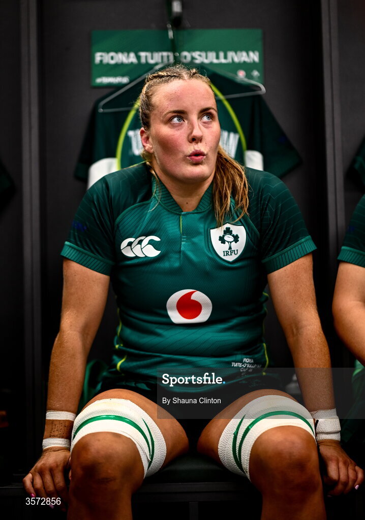 20 September 2026; Fiona Tuite-O'Sullivan of Ireland in the dressing-room in the final moments before the kick-off of the WXV Global Series match between Ireland and USA at Tallaght Stadium in Dublin. Photo by Shauna Clinton/Sportsfile