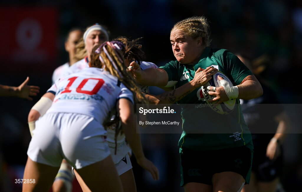 20 September 2026; Cliodhna Moloney-MacDonald of Ireland during the WXV Global Series match between Ireland and USA at Tallaght Stadium in Dublin. Photo by Stephen McCarthy/Sportsfile