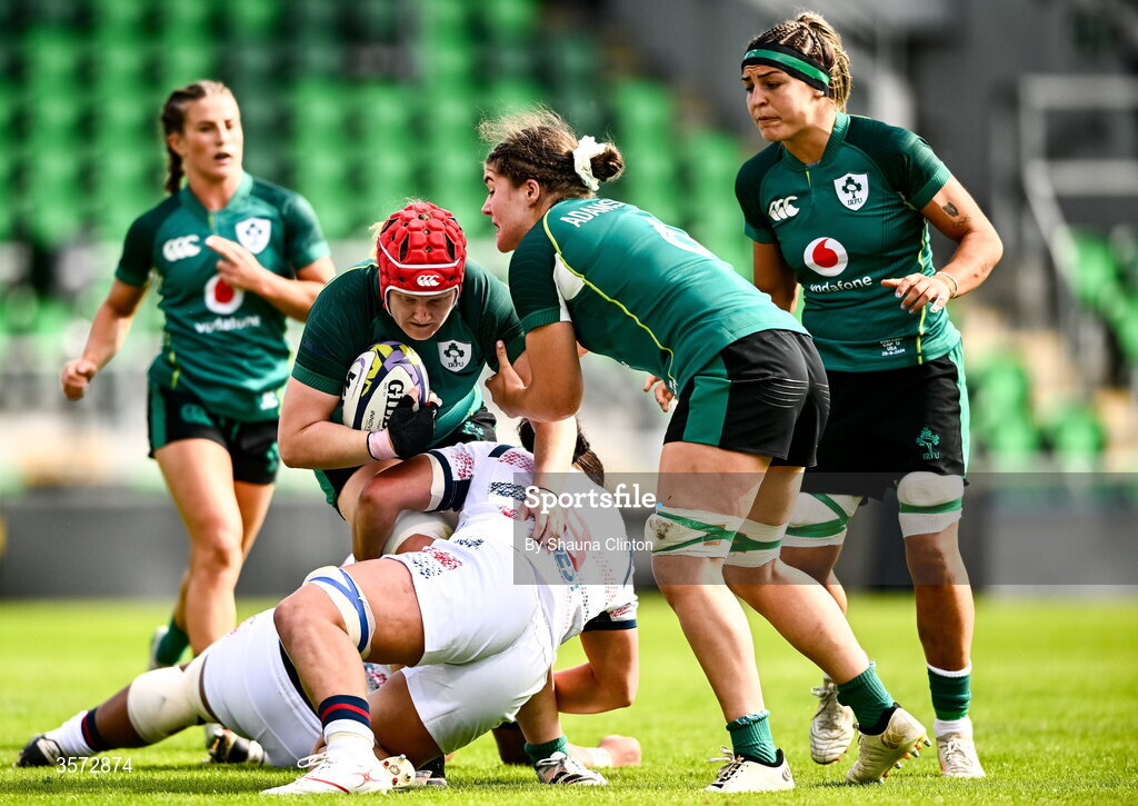 20 September 2026; Aoife Wafer of Ireland is tackled by Freda Tafuna of USA during the WXV Global Series match between Ireland and USA at Tallaght Stadium in Dublin. Photo by Shauna Clinton/Sportsfile