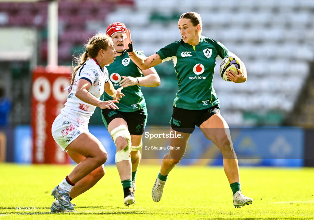 20 September 2026; Anna McGann of Ireland in action against Tessa Hann of USA during the WXV Global Series match between Ireland and USA at Tallaght Stadium in Dublin. Photo by Shauna Clinton/Sportsfile