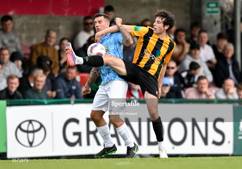 20 September 2026; Jason Conway of St Mary's AFC in action against Oisín Dorgan of Cobh Wanderers during the 2026 FAI Intermediate Cup Final between Cobh Wanderers and St Mary's at Munster FA Turners Cross Stadium in Cork. Photo by Eakin Howard/Sportsfile