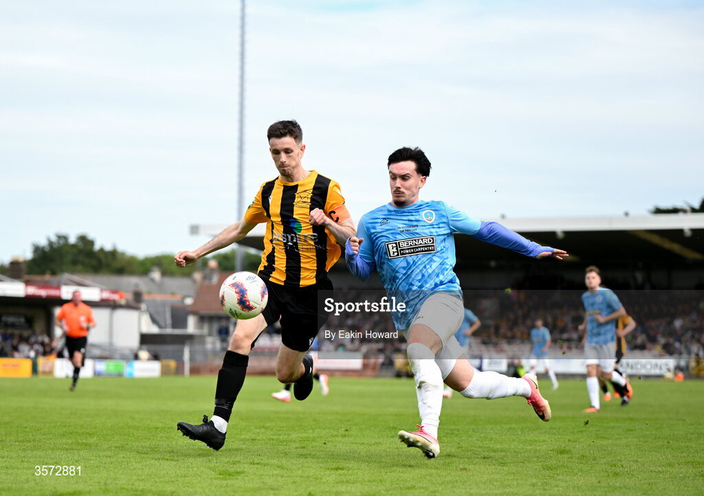20 September 2026; David Curran of Cobh Wanderers in action against James O'Leary of St Mary's AFC during the 2026 FAI Intermediate Cup Final between Cobh Wanderers and St Mary's at Munster FA Turners Cross Stadium in Cork. Photo by Eakin Howard/Sportsfile
