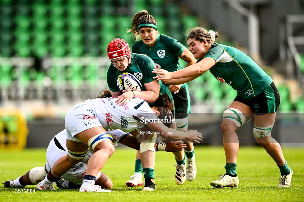 20 September 2026; Aoife Wafer of Ireland is tackled by Freda Tafuna of USA during the WXV Global Series match between Ireland and USA at Tallaght Stadium in Dublin. Photo by Shauna Clinton/Sportsfile