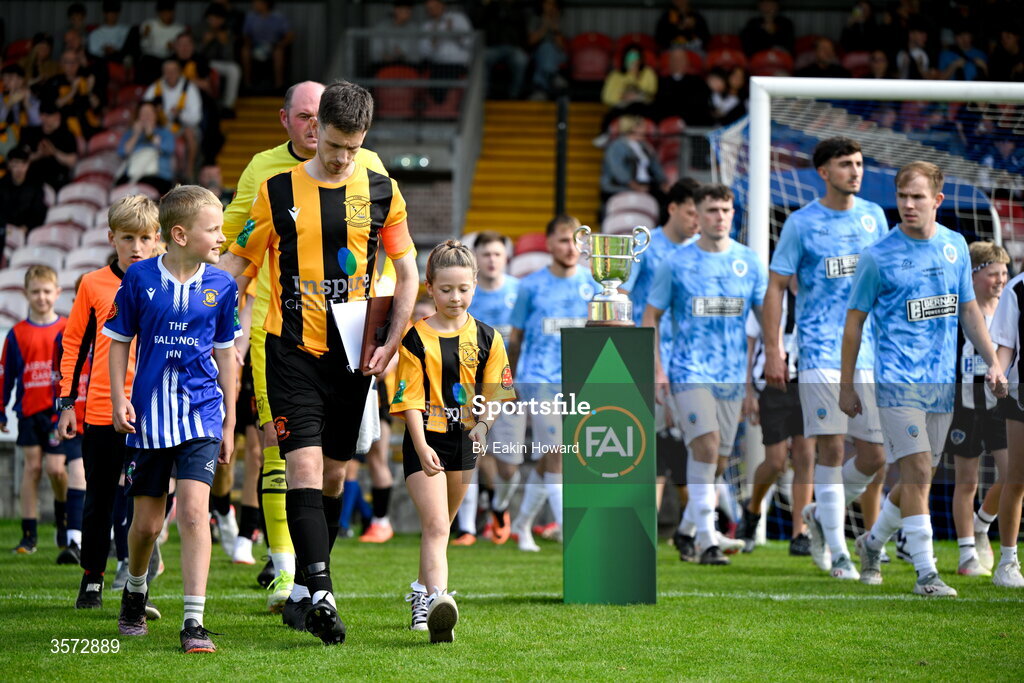 20 September 2026; Cobh Wanderers and St Mary's AFC take the pitch before during the 2026 FAI Intermediate Cup Final between Cobh Wanderers and St Mary's at Munster FA Turners Cross Stadium in Cork. Photo by Eakin Howard/Sportsfile