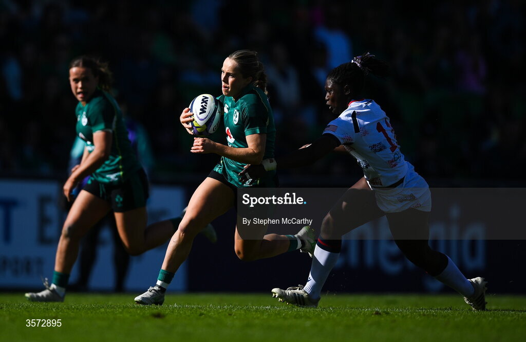 20 September 2026; Aoibheann Reilly of Ireland in action against Erica Coulibaly of USA during the WXV Global Series match between Ireland and USA at Tallaght Stadium in Dublin. Photo by Stephen McCarthy/Sportsfile