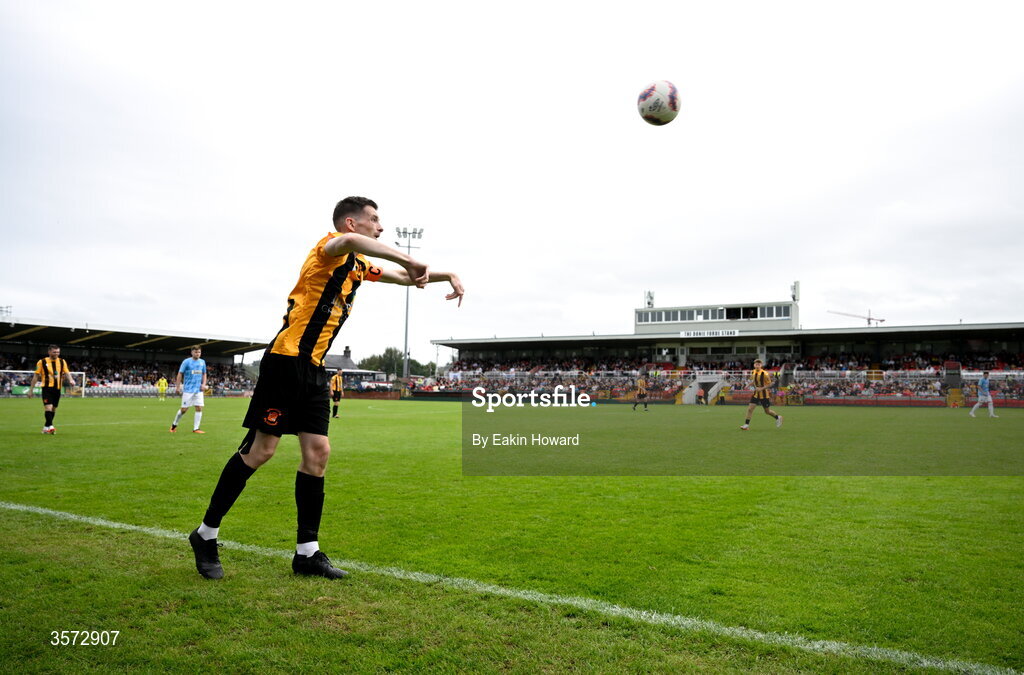 20 September 2026; David Curran of Cobh Wanderers throws the ball inbounds during the 2026 FAI Intermediate Cup Final between Cobh Wanderers and St Mary's at Munster FA Turners Cross Stadium in Cork. Photo by Eakin Howard/Sportsfile