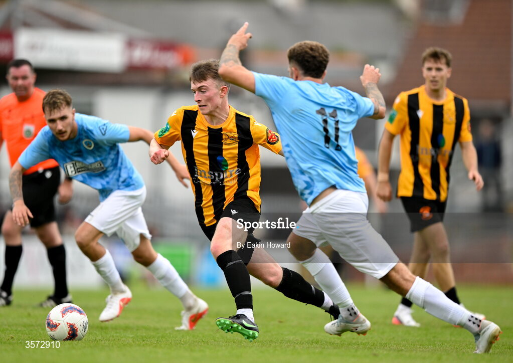 20 September 2026; Alex Lynch of Cobh Wanderers in action against Shayne Brown of St Mary's AFC during the 2026 FAI Intermediate Cup Final between Cobh Wanderers and St Mary's at Munster FA Turners Cross Stadium in Cork. Photo by Eakin Howard/Sportsfile