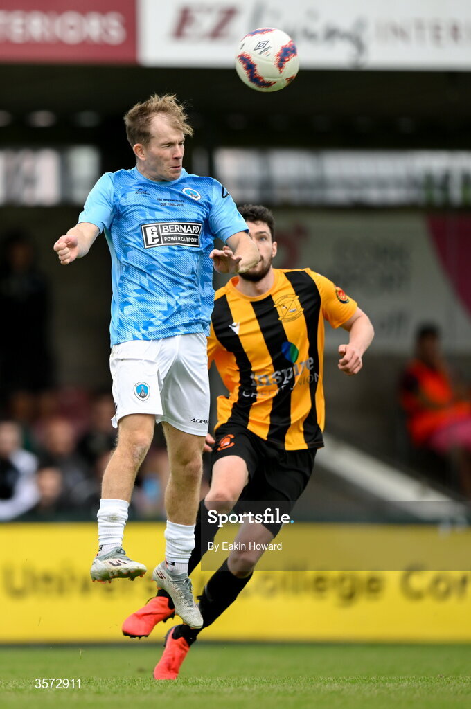20 September 2026; Fionn Kelly of St Mary's AFC in action against James Stout of Cobh Wanderers during the 2026 FAI Intermediate Cup Final between Cobh Wanderers and St Mary's at Munster FA Turners Cross Stadium in Cork. Photo by Eakin Howard/Sportsfile