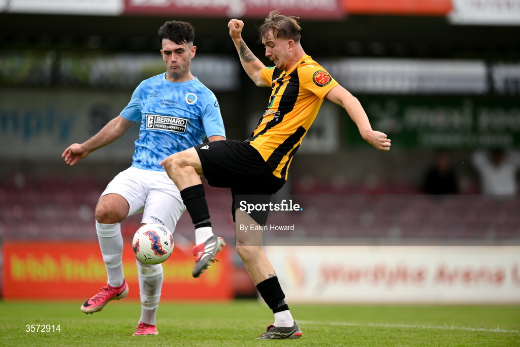 20 September 2026; Ciaran Griffin of Cobh Wanderers on his way to scoring his side's first goal against Dan Ryan Fortune of St Mary's AFC during the 2026 FAI Intermediate Cup Final between Cobh Wanderers and St Mary's at Munster FA Turners Cross Stadium in Cork. Photo by Eakin Howard/Sportsfile