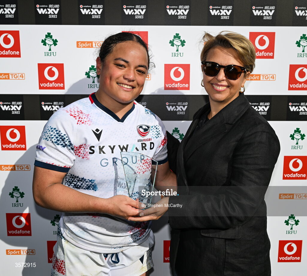 20 September 2026; Freda Tafuna of USA is presented with the Vodafone Player of the Match award by Sabrina Casalta, CEO Vodafone Ireland, following the WXV Global Series match between Ireland and USA at Tallaght Stadium in Dublin. Photo by Stephen McCarthy/Sportsfile