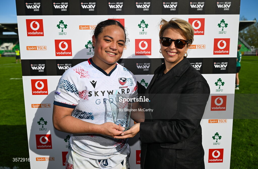 20 September 2026; Freda Tafuna of USA is presented with the Vodafone Player of the Match award by Sabrina Casalta, CEO Vodafone Ireland, following the WXV Global Series match between Ireland and USA at Tallaght Stadium in Dublin. Photo by Stephen McCarthy/Sportsfile