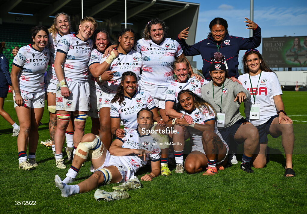 20 September 2026; USA players celebrate following the WXV Global Series match between Ireland and USA at Tallaght Stadium in Dublin. Photo by Stephen McCarthy/Sportsfile