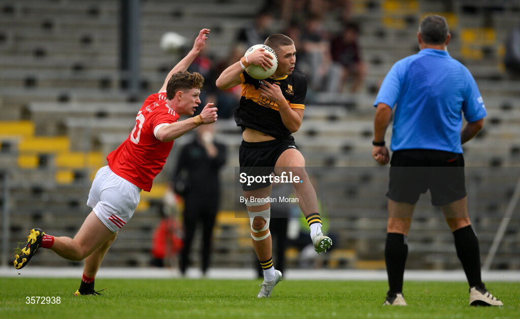 20 September 2026; Evan Looney of Dr Crokes is tackled by Fionn Murphy of Rathmore during the Kerry Senior Club Football Championship Final between Dr Crokes and Rathmore at Fitzgerald Stadium in Killarney, Kerry. Photo by Brendan Moran/Sportsfile
