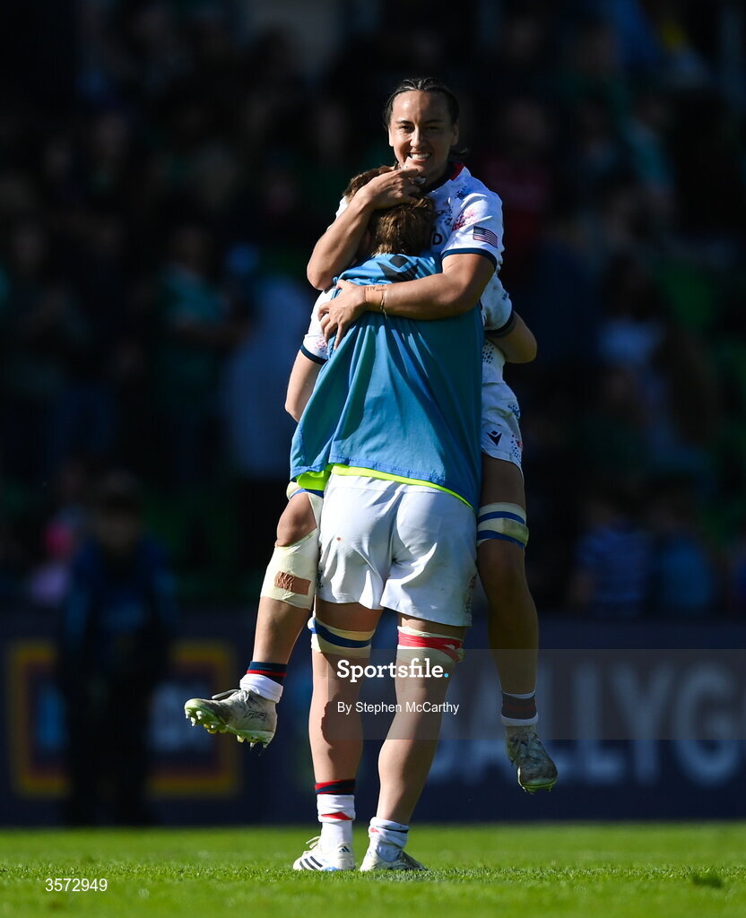 20 September 2026; Hallie Taufoou, top, and Hann Humphreys and USA team-mates celebrate following the WXV Global Series match between Ireland and USA at Tallaght Stadium in Dublin. Photo by Stephen McCarthy/Sportsfile