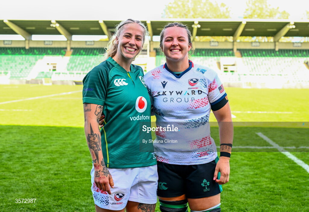 20 September 2026; Erica Jarrell-Searcy of USA, left, and Brittany Hogan of Ireland after the WXV Global Series match between Ireland and USA at Tallaght Stadium in Dublin. Photo by Shauna Clinton/Sportsfile