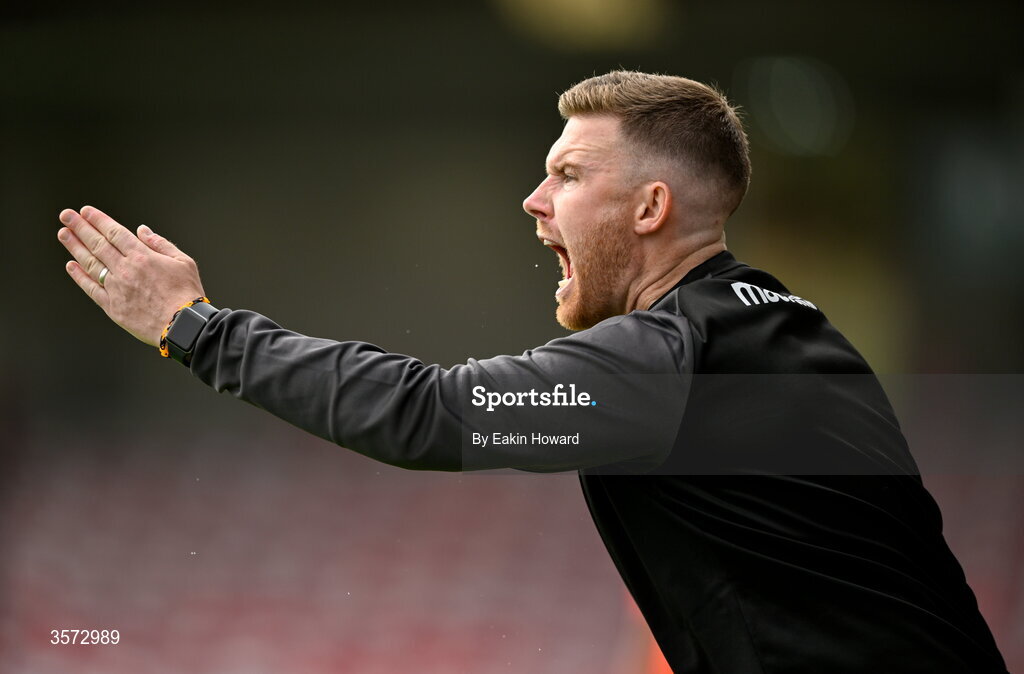 20 September 2026; Cobh Wanderers manager Jason Abbott issues instruction during the 2026 FAI Intermediate Cup Final between Cobh Wanderers and St Mary's at Munster FA Turners Cross Stadium in Cork. Photo by Eakin Howard/Sportsfile