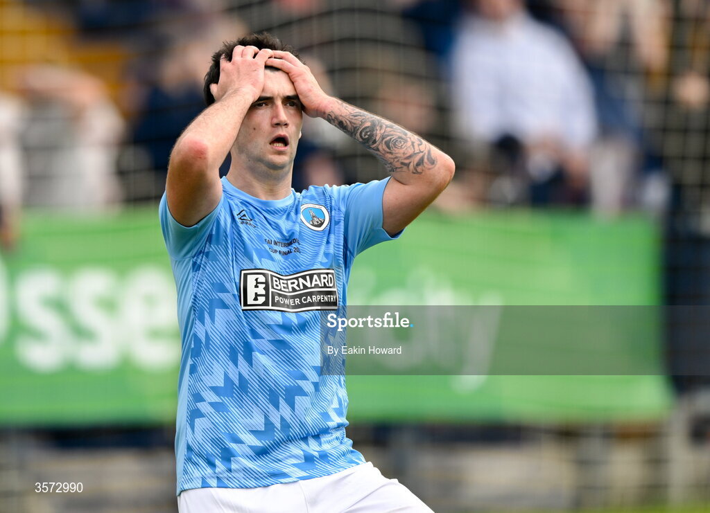 20 September 2026; Dan Ryan Fortune of St Mary's AFC reacts after a missed opportunity during the 2026 FAI Intermediate Cup Final between Cobh Wanderers and St Mary's at Munster FA Turners Cross Stadium in Cork. Photo by Eakin Howard/Sportsfile