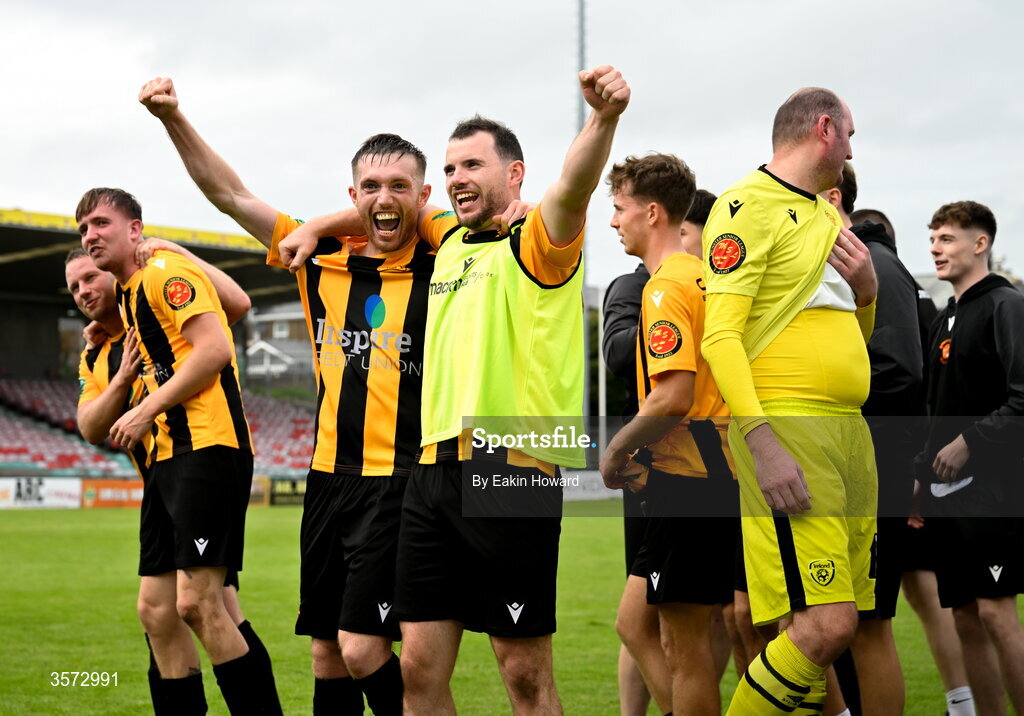 20 September 2026; Cobh Wanderers celebrate after winning the 2026 FAI Intermediate Cup Final between Cobh Wanderers and St Mary's at Munster FA Turners Cross Stadium in Cork. Photo by Eakin Howard/Sportsfile