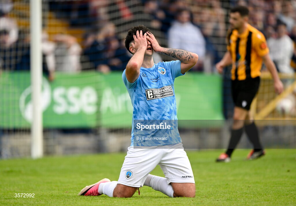 20 September 2026; Dan Ryan Fortune of St Mary's AFC reacts after a missed opportunity during the 2026 FAI Intermediate Cup Final between Cobh Wanderers and St Mary's at Munster FA Turners Cross Stadium in Cork. Photo by Eakin Howard/Sportsfile