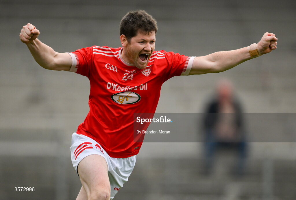 20 September 2026; John Moynihan of Rathmore celebrates after scoring his side's second goal during the Kerry Senior Club Football Championship Final between Dr Crokes and Rathmore at Fitzgerald Stadium in Killarney, Kerry. Photo by Brendan Moran/Sportsfile