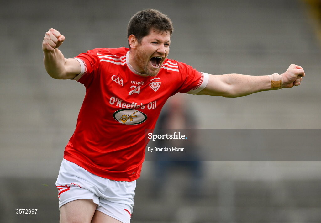 20 September 2026; John Moynihan of Rathmore celebrates after scoring his side's second goal during the Kerry Senior Club Football Championship Final between Dr Crokes and Rathmore at Fitzgerald Stadium in Killarney, Kerry. Photo by Brendan Moran/Sportsfile