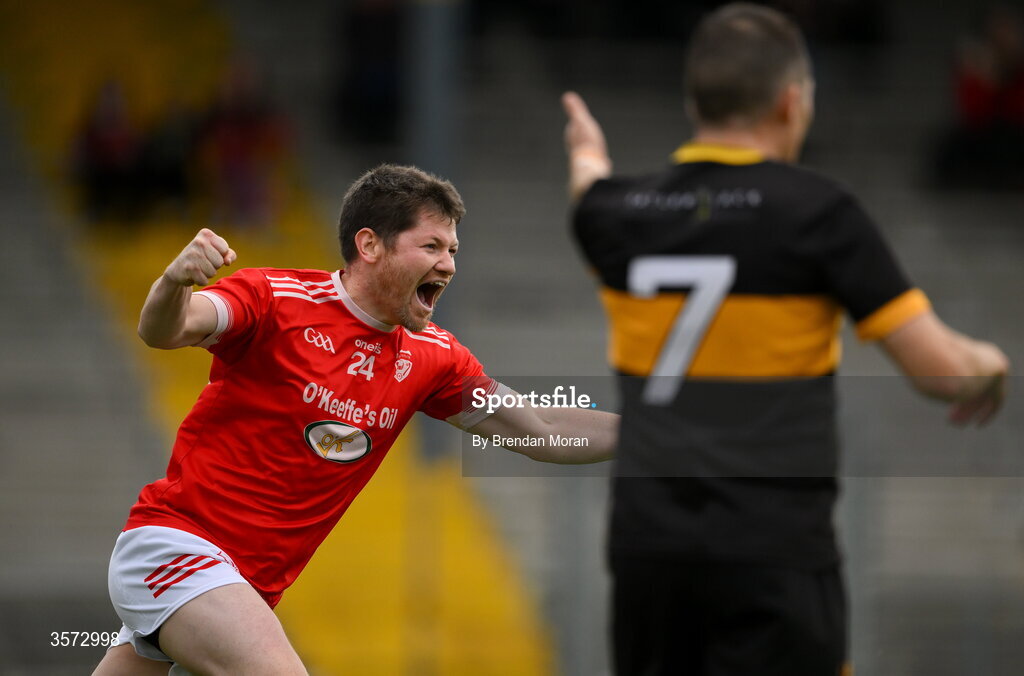 20 September 2026; John Moynihan of Rathmore celebrates after scoring his side's second goal as Brian Looney of Dr Crokes appeals for a square ball during the Kerry Senior Club Football Championship Final between Dr Crokes and Rathmore at Fitzgerald Stadium in Killarney, Kerry. Photo by Brendan Moran/Sportsfile