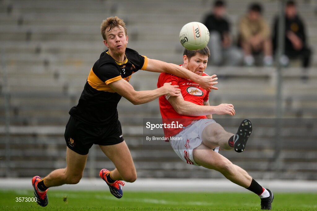 20 September 2026; John Moynihan of Rathmore is tackled by Fionn Fitzgerald of Dr Crokes during the Kerry Senior Club Football Championship Final between Dr Crokes and Rathmore at Fitzgerald Stadium in Killarney, Kerry. Photo by Brendan Moran/Sportsfile