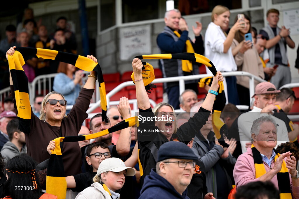 20 September 2026; Cobh Wanderers supporters celebrate after the 2026 FAI Intermediate Cup Final between Cobh Wanderers and St Mary's at Munster FA Turners Cross Stadium in Cork. Photo by Eakin Howard/Sportsfile