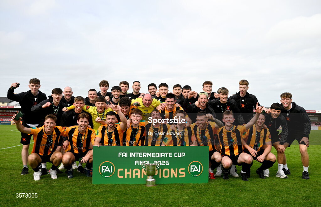 20 September 2026; Cobh Wanderers celebrate after winning the 2026 FAI Intermediate Cup Final between Cobh Wanderers and St Mary's at Munster FA Turners Cross Stadium in Cork. Photo by Eakin Howard/Sportsfile