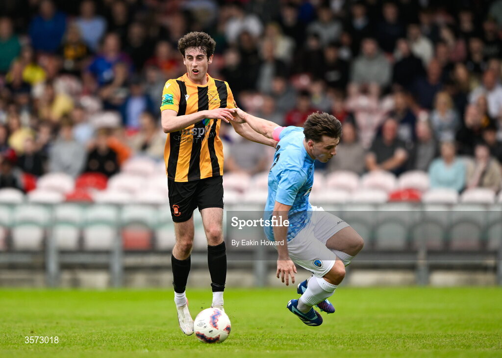 20 September 2026; Oisín Dorgan of Cobh Wanderers in action against Colm Murphy of St Mary's AFC during the 2026 FAI Intermediate Cup Final between Cobh Wanderers and St Mary's at Munster FA Turners Cross Stadium in Cork. Photo by Eakin Howard/Sportsfile
