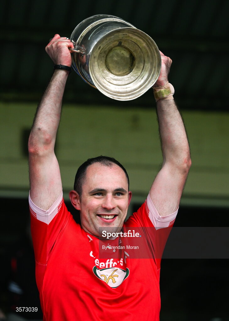 20 September 2026; Rathmore captain Dan Murphy lifts the Michael O'Connor cup after the Kerry Senior Club Football Championship Final between Dr Crokes and Rathmore at Fitzgerald Stadium in Killarney, Kerry. Photo by Brendan Moran/Sportsfile