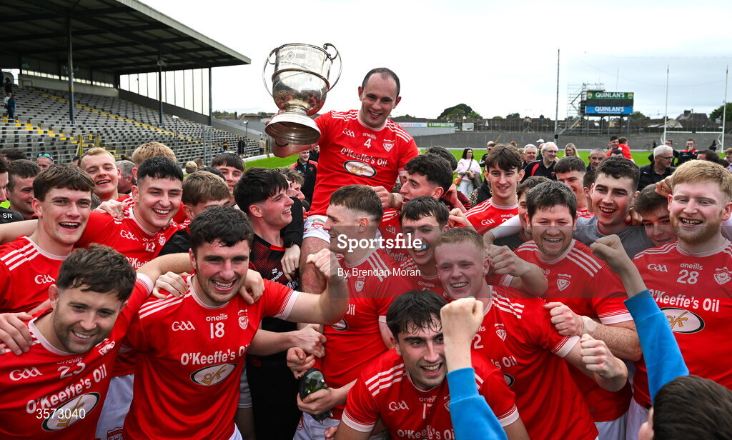 20 September 2026; Rathmore captain Dan Murphy celebrates with his teammates and the Michael O'Connor cup after the Kerry Senior Club Football Championship Final between Dr Crokes and Rathmore at Fitzgerald Stadium in Killarney, Kerry. Photo by Brendan Moran/Sportsfile