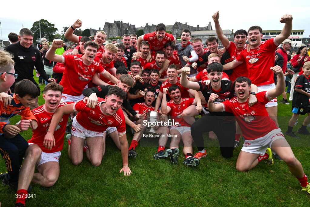 20 September 2026; Rathmore captain Dan Murphy and his teammates celebrate with the Michael O'Connor cup after the Kerry Senior Club Football Championship Final between Dr Crokes and Rathmore at Fitzgerald Stadium in Killarney, Kerry. Photo by Brendan Moran/Sportsfile