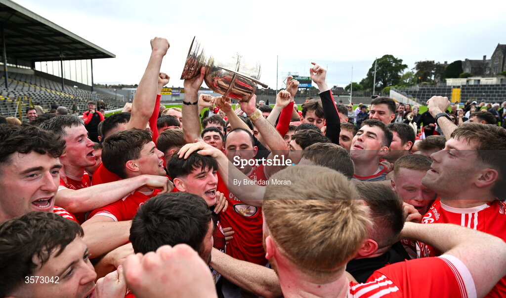 20 September 2026; Rathmore captain Dan Murphy and his teammates celebrate with the Michael O'Connor cup after the Kerry Senior Club Football Championship Final between Dr Crokes and Rathmore at Fitzgerald Stadium in Killarney, Kerry. Photo by Brendan Moran/Sportsfile