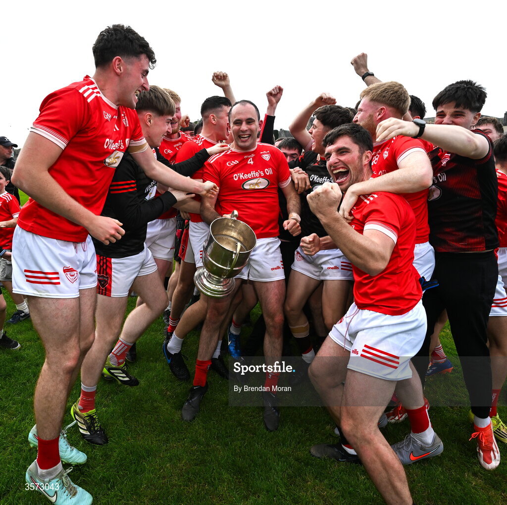 20 September 2026; Rathmore captain Dan Murphy and his teammates celebrate with the Michael O'Connor cup after the Kerry Senior Club Football Championship Final between Dr Crokes and Rathmore at Fitzgerald Stadium in Killarney, Kerry. Photo by Brendan Moran/Sportsfile