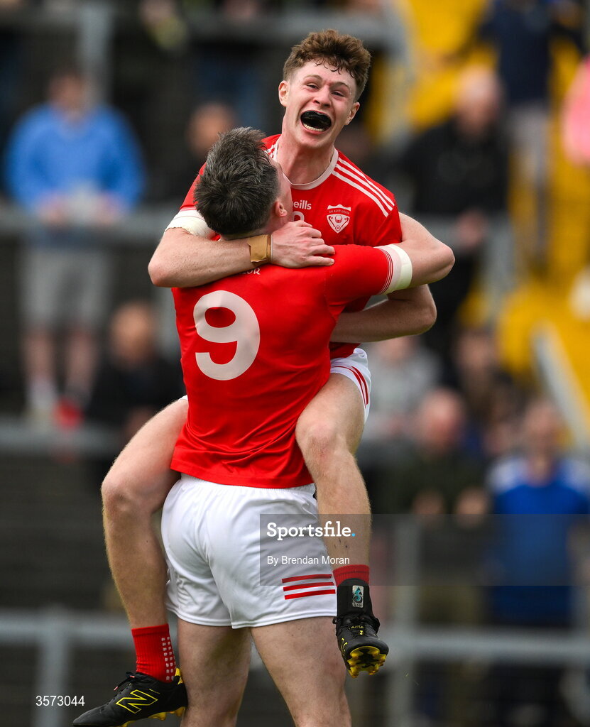 20 September 2026; Fionn Murphy of Rathmore celebrates with teammate Mark Ryan, 9, at the final whistle of the Kerry Senior Club Football Championship Final between Dr Crokes and Rathmore at Fitzgerald Stadium in Killarney, Kerry. Photo by Brendan Moran/Sportsfile