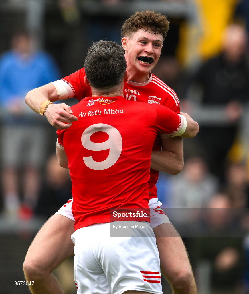 20 September 2026; Fionn Murphy of Rathmore celebrates with teammate Mark Ryan, 9, at the final whistle of the Kerry Senior Club Football Championship Final between Dr Crokes and Rathmore at Fitzgerald Stadium in Killarney, Kerry. Photo by Brendan Moran/Sportsfile