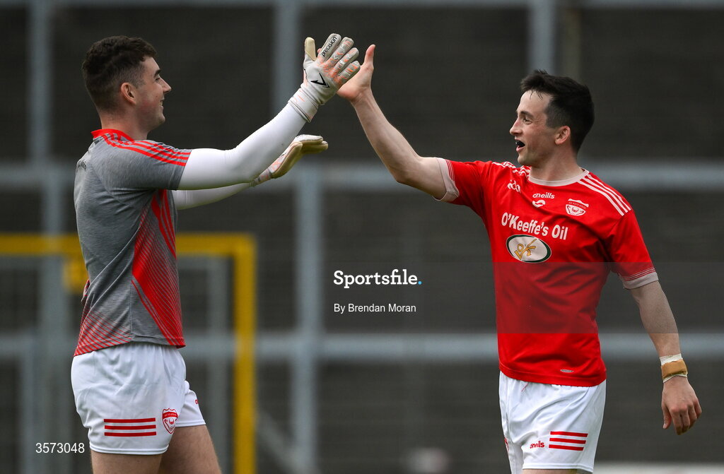 20 September 2026; Rathmore goalkeeper William Casey, left, and teammate Paul Murphy celebrate at the final whistle of the Kerry Senior Club Football Championship Final between Dr Crokes and Rathmore at Fitzgerald Stadium in Killarney, Kerry. Photo by Brendan Moran/Sportsfile