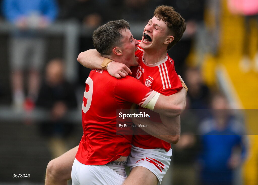 20 September 2026; Fionn Murphy, right, and teammate Mark Ryan of of Rathmore celebrate at the final whistle of the Kerry Senior Club Football Championship Final between Dr Crokes and Rathmore at Fitzgerald Stadium in Killarney, Kerry. Photo by Brendan Moran/Sportsfile