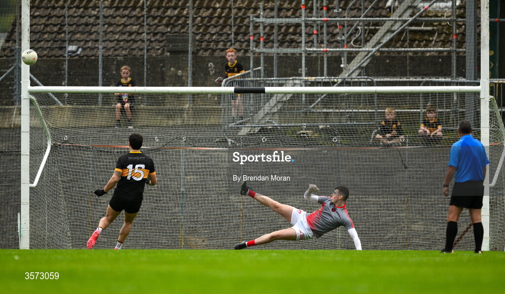 20 September 2026; Rathmore goalkeeper William Casey looks on as Tony Brosnan of Dr Crokes hits a penalty off the post and over for a one point score during the Kerry Senior Club Football Championship Final between Dr Crokes and Rathmore at Fitzgerald Stadium in Killarney, Kerry. Photo by Brendan Moran/Sportsfile