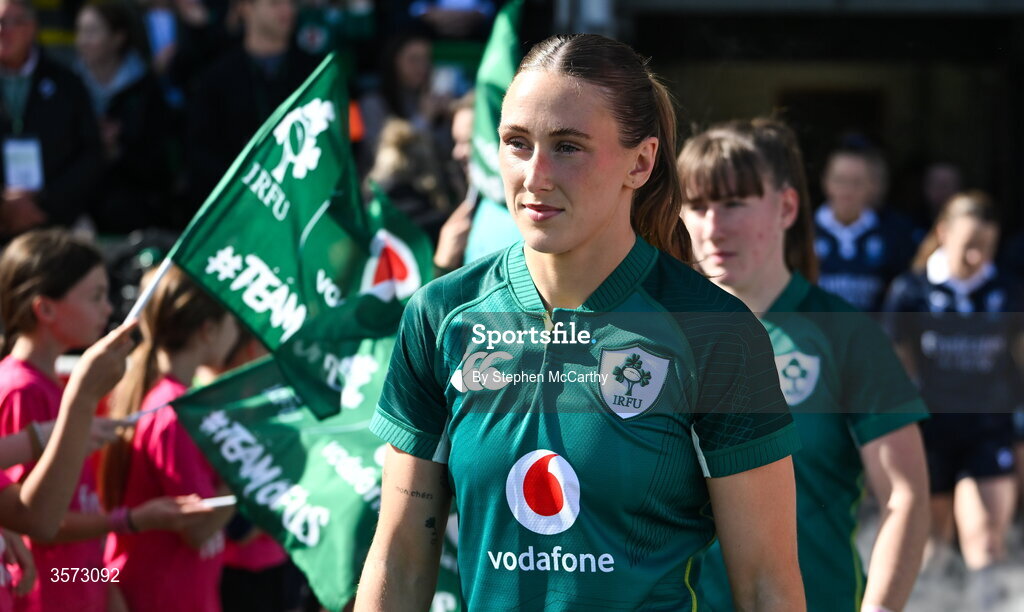20 September 2026; Anna McGann of Ireland walks out for the WXV Global Series match between Ireland and USA at Tallaght Stadium in Dublin. Photo by Stephen McCarthy/Sportsfile