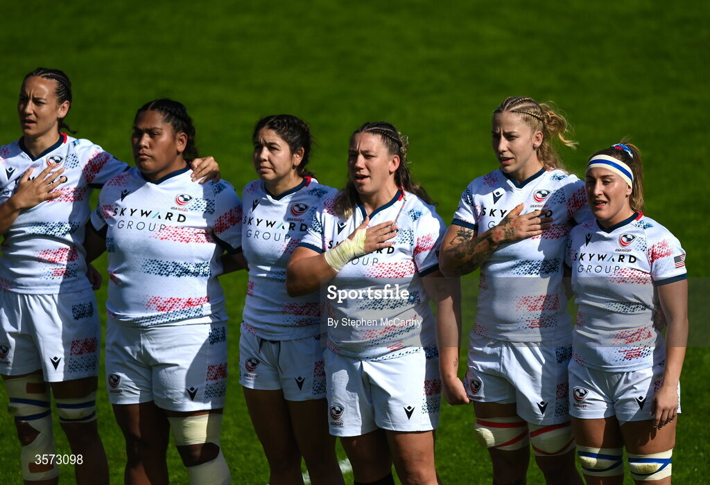 20 September 2026; USA players stand for the playing of the National Anthem before the WXV Global Series match between Ireland and USA at Tallaght Stadium in Dublin. Photo by Stephen McCarthy/Sportsfile