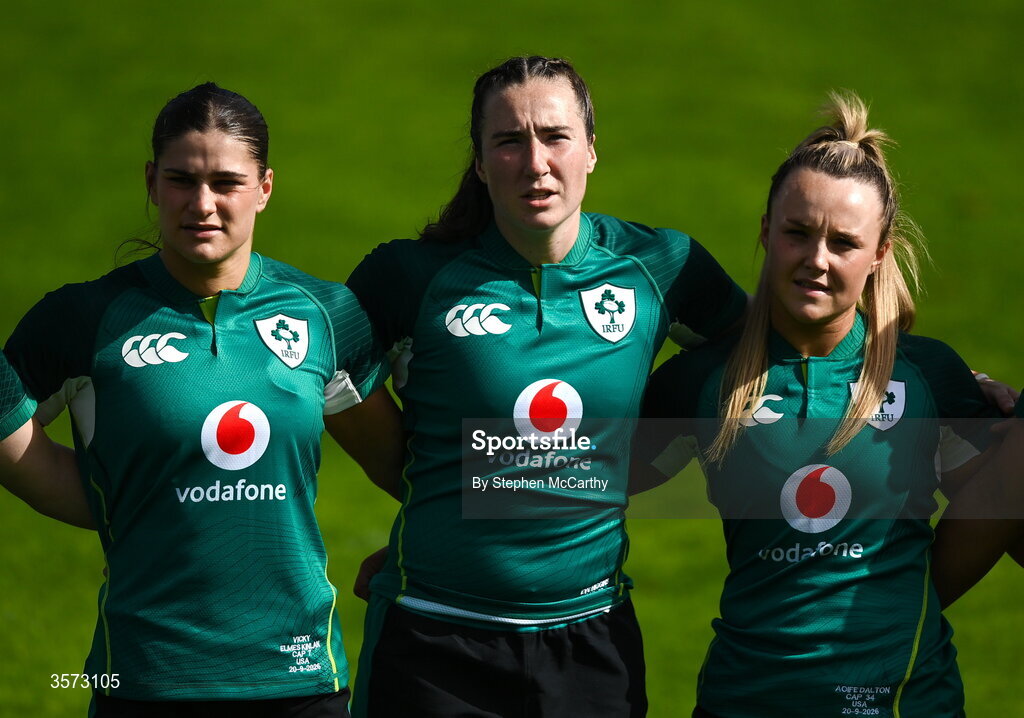 20 September 2026; Ireland players, from left, Vicky Elmes Kinlan, Eve Higgins and Aoife Dalton stand for the playing of the National Anthem before the WXV Global Series match between Ireland and USA at Tallaght Stadium in Dublin. Photo by Stephen McCarthy/Sportsfile